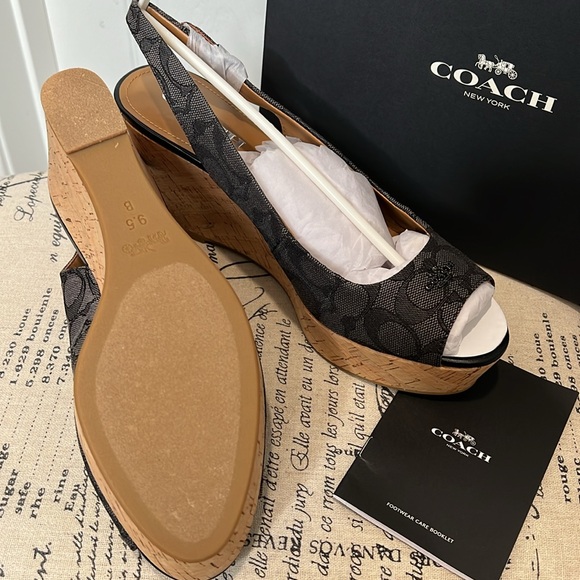 COACH Ferry Signature C Wedge Cork Heel. Jacquard Fabric.  Size 9.5 Black-Smoke - Picture 8 of 17